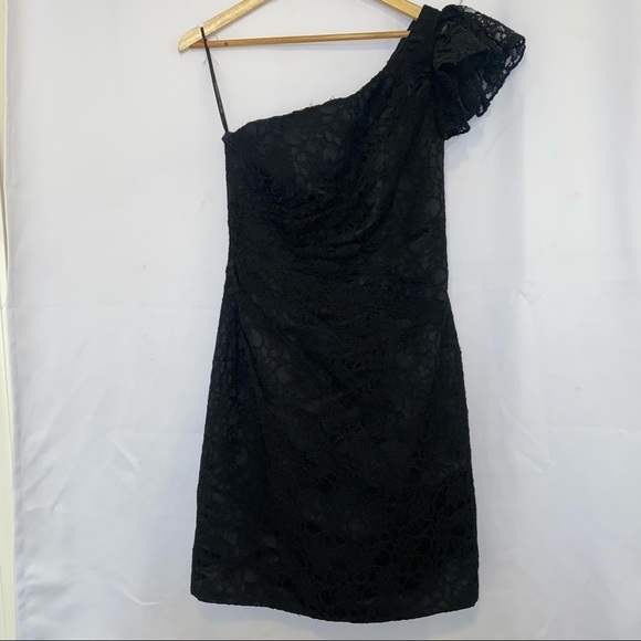 Mori Lee Style 31020 Black Lace One Shoulder Bridesmaid Midi Dress Size 8 - Picture 3 of 12